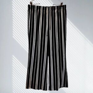 Calvin Klein Womens Black & White Pinstripe Elastic Waist Dress Pants Wide Leg L